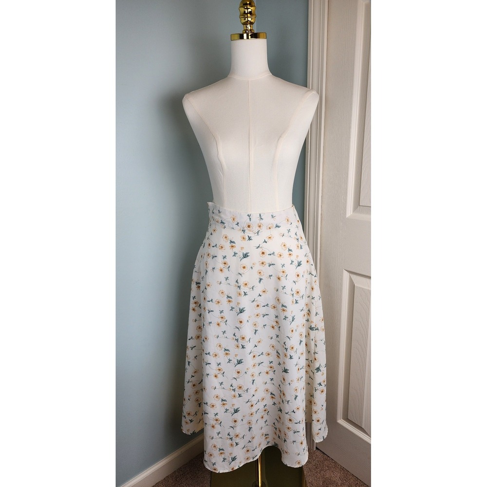 SHEIN Dazy Floral‎ Midi Skirt Women XS Cream Yellow Floral A-Line Cottagecore